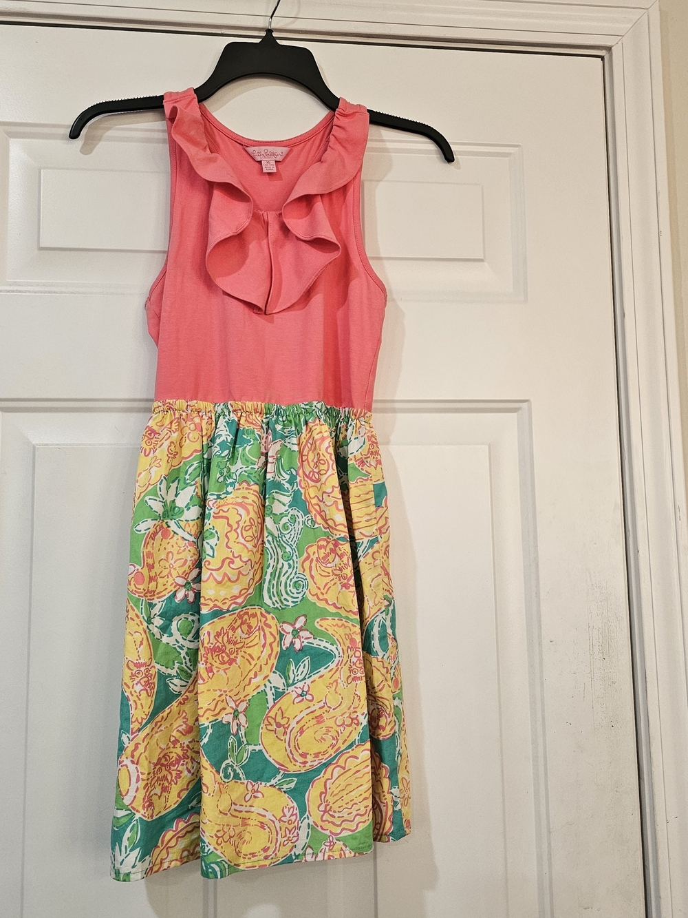 Lilly Pulitzer Girls Pink Ruffle Tank Dress with Yellow & Green Printed Skirt XL